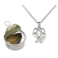 Freshwater Cultured Pearl (5-7mm) in Oyster Set Rhodium Plated Twin Dolphins Necklace +Stainless Chain 18