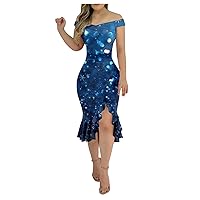 Mini Dresses for Women, Satin Prom Dress Embroidered Dress for Women Irregular Hem Dress Women's Fashion One Shoulder Loose Backless Printing Tight Outdoor Midi A-Line 2024 Dress (Blue,Medium)