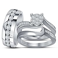 1.50Ct Round Cut White Diamond 925 Sterling Silver 14K White Gold Over Diamond Engagement Wedding Band Trio Ring Set for Him & Her