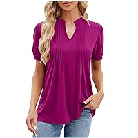 Womens V Neck Puff Short Sleeve Pleated T Shirts Fashion Summer Tops Casual Tunic Blouse Solid Color Work Tee Shirt
