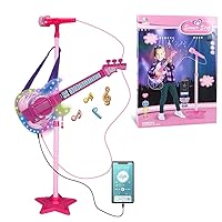 Guitar and Microphone Set for Kids,Guitar Toys with Music&Colorful Light,Adjustable Height Microphone with Stand,Karaoke Toys Gift for Boy,Girls,Toddlers(Red)-Upgraded,Easter Basket Stuffers