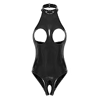 ACSUSS Womens Shiny Leather Lingerie Bodysuit Hollow Out Open Cups Leotard Catsuit Clubwear