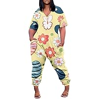 Plus Size Jumpsuits Women's 2024 Easter Print Summer Short Sleeve Trendy V Neck Loose Wide Rompers Trendy With Pockets
