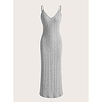 TLULY Dress for Women Split Thigh Rib-Knit Cami Dress (Color : Light Grey, Size : Large)