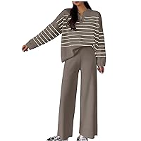 Two Piece Outfit Women Tracksuit Ladies Pjs Sets Loungewear Autumn Winter Loose Casual Stripe Knitted Top Two Piece Set Athletic Activewear Lightweight Tracksuit Teen Girls Y2K Clothes