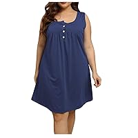 Plus Size Tank Dress for Women Square Neck Button Sleeveless Henley Tshirt Dress Casual Summer Pleated Hide Belly Dress