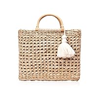 Fashion Women Summer Straw Crossbody Bag with Cute Tassels Pendant, Hand-Woven Beach Shoulder Bag with Top Wooden Handle Tote Bag
