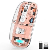 Uiosmuph Bluetooth Wireless Mouse Tri-Mode (BT5.1+BT5.1+2.4GHz) USB C Rechargeable Transparent Computer Mouse Silent with USB Receiver & Type C Adapter for Laptop/Mac/iPad/Chromebook Pink