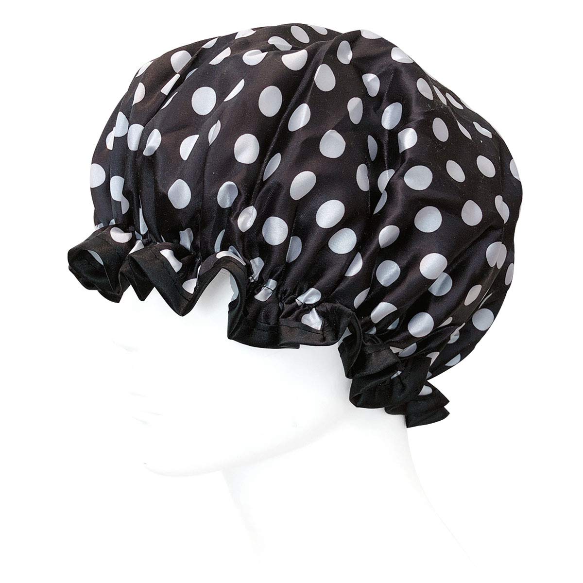 allydrew Reusable Women's Waterproof Shower Caps for Long Hair, Black and White Dots