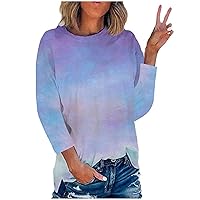 Womens T Shirts Tie Dye Gradient Tops Blouse 3/4 Sleeves Summer Fall T-Shirts Tunics Round Neck Vacation Clothes