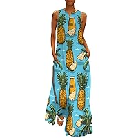 Pineapple and Coconut Tree Beer Women's Summer Sleeveless Long Dress V-Neck Ankle Maxi Dresses with Pockets