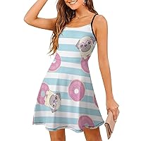 Pink Funny Pug Love Donut Sling Dress Summer Beach Dresses Mini Sleeveless Women