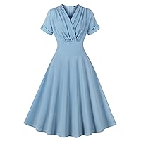 Wellwits Women's V Neck Wrap High Waist Solid Retro 40s 50s 60s Vintage Dress