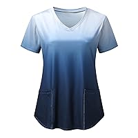 Ombre Stretch Blouse Tops - Womens Gradient Print V Neck Nurse Uniform Short Sleeve Loose Fit Medical Shirt Workwear
