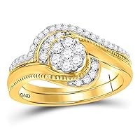 14kt Yellow Gold Womens Round Diamond Flower Cluster Milgrain Bridal Wedding Engagement Ring Band Set 3/8 Cttw