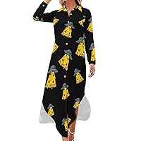 Aliens Believe in Pizza Too Casual Maxi Shirt Dresses for Women Long Sleeve Button Down Blouses