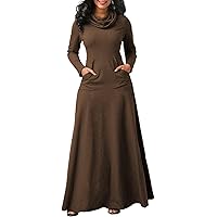 Long Sleeve Turtleneck Maxi Dress for Women Casual Fall Winter Plus Size Solid Color Long Dress with Pockets