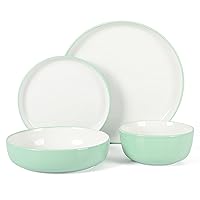 Kitchen Essentials 16 Piece Two-Tone Porcelain Chip and Scratch Resistant Dinnerware Plates and Bowls Set - Green/White