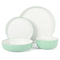 Sur La Table Kitchen Essentials 16 Piece Two-Tone Porcelain Chip and Scratch Resistant Dinnerware Plates and Bowls Set - Green/White