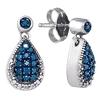 10kt White Gold Womens Round Blue Color Enhanced Diamond Teardrop Dangle Earrings 1/4 Cttw