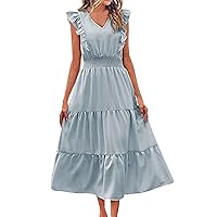 Women's Ruffle Trim Sleeveless V Neck Maxi Long Dress Elastic Waist Pleated Swing Aline Mother If The Bride Dress