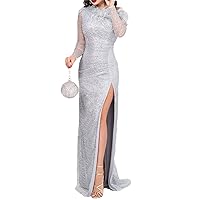 Women Long Sleeve V-Neck Evening Dress Sexy Slit Sequin Party Wedding Prom Cocktail Dresses