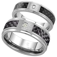 8mm & 6mm Tungsten Diamond Wedding Ring for Him & Her Black Carbon Fiber Inlay Beveled Edges Comfort fit sizes 4 to 13