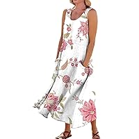 Spring Dresses for Women 2024 Printed Flowy Sun Dress with Pocket Sleeveless Trendy Dresses Casual Swing Beach Dress