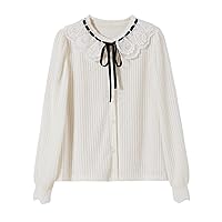 Japanese Style Lolita Long Sleeve Blouses for Women Peter Pan Collar Lace Vintage Button Down Casual Blouse Tops