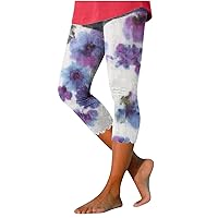 Women's Floral Print Capri Leggings - High Waisted Tummy Control Tight Pants for Running Exercise Yoga Gym Workout