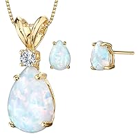 PEORA 14K Yellow Gold Created White Opal Pendant and matching Earrings - Pear Shaped Created White Opal Diamond Pendant 1 Carat + Pear Shaped Created White Opal Stud Earrings 1 Carat