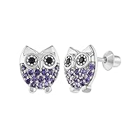 14K White Gold Over .925 Sterling Silver Round Cut Created Purple Amethyst & Diamond Owl Stud Earrings For Women's & Girls (Push Back)
