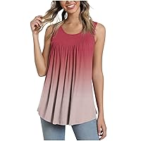 Women's Summer Tank Tops Casual Pleated Sleeveless Shirt Gradient Print Curved Hem Flowy Blouse Loose Fit Cute Tunic