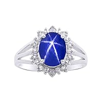 Diamond & Blue Star Sapphire Ring Set In Sterling Silver .925 Halo Princess Diana Inspired Designer Stylish