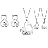 Mother Daughter Heart Matching Necklaces & Cute Cat Stud Earrings for Women Girls Sterling Silver Jewelry Gifts