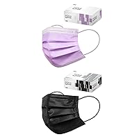 CSD Colo 30 Pcs Purple + 30 Pcs Black Disposable Face Masks Bundle - 3 Ply Breathable Mask with Elastic Ear Loop for Adults