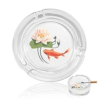 Carp Goldfish Lotus Flower Glass Ashtray Round Clear Ash Trays Portable Decorative Modern Ashtray for Home Office Indoor Outdoor