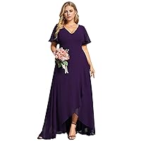Ever-Pretty Women's Summer V Neck High Low Chiffon Plus Size Curvy Semi Formal Wedding Guest Dresses with Sleeves 1749-DAPH