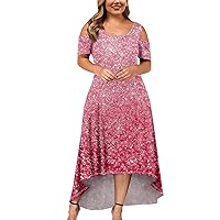 HTHLVMD Office Summer Plus Size Pretty Tunics Women's Cold Shoulder Sleeve Stretch Fit Tops Frilly Crewneck Cotton Print Tunic Womens Watermelon Red