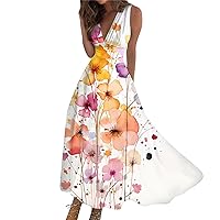 Women's Dresses Long Casual Dress Summer Sleeveless V-Neck Waist Retraction Printed Dress, S-3XL