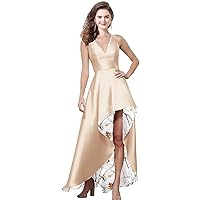 YINGJIABride High Low Satin and Camo Evening Prom Dresses Bridesmaid Gowns V Neck