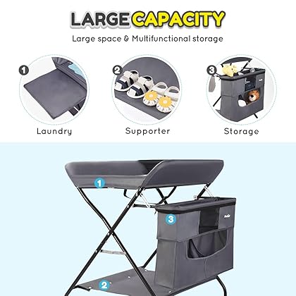 Rolling Baby Changing Table with Wheels, FORSTART Adjustable Height Folding Infant Diaper Station Portable Mobile Nursery Organizer with Newborn Lightweight Storage Rack