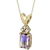 PEORA Solid 14K Yellow Gold Ametrine with Diamonds Pendant for Women, Genuine Gemstone Solitaire, Emerald Cut, 7x5mm, 1 Carat total