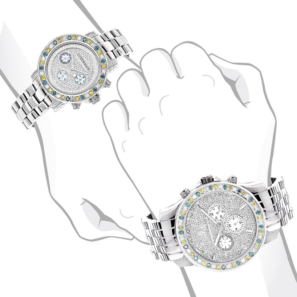 LUXURMAN Matching His and Hers Watches White Blue Yellow Diamond Watch Set Gold Plated Steel Bands 5.25ct