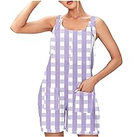 Women Adjustable Strap Rompers with Pockets Wid Leg Shorts Jumpsuits Casual Loose Plaid Overalls Vacation Travel Wear