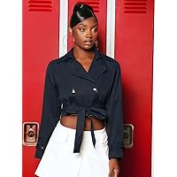Raglan Sleeve Double Button Belted Crop Trench Coat (Color : Navy Blue, Size : Large)
