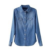 Plus Size Autumn Women Long Sleeve Denim Tops Shirts Casual Cotton Jean Blouse Turn-Down with Pockets