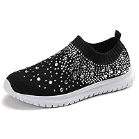 Women's Crystal Breathable Orthopedic Slip On Walking Shoes, Sparkle Rhinestone Slip On Loafers, Knitted Anti-Slip Sneakers Casual (Black,10)