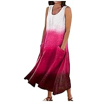 Linen Dress for Women Summer Printed Tank Dress Casual Sleeveless Long Dress Flowy Maxi Dresses with Pockets