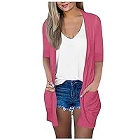 Womens Cardigan 3/4 Sleeve Open Front Lightweight Casual Comfy Long Line Drape Hem Soft Cardigans Sweater with Pockets